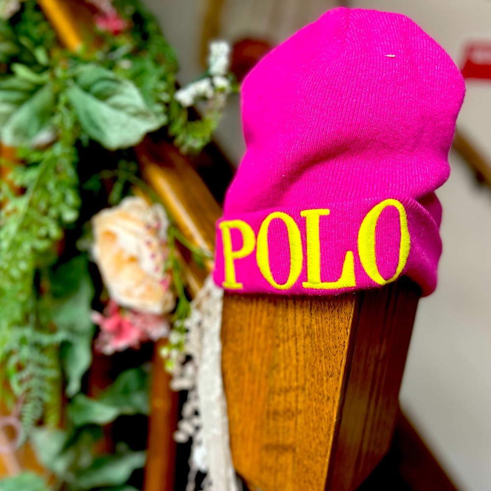 POLO Ralph Lauren pink and yellow beanie.